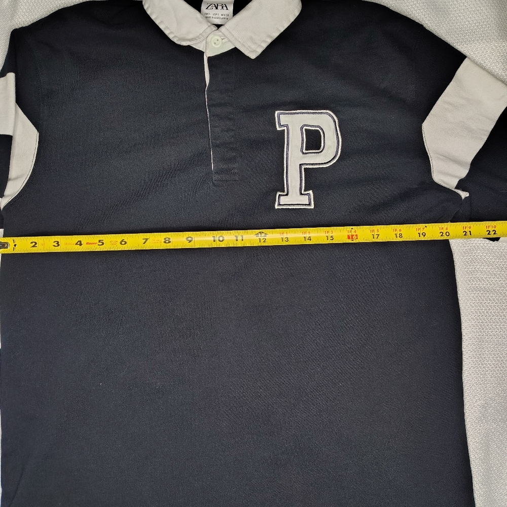 Navy and White Striped Long Sleeve ZARA Polo Shirt - Picture 4 of 9